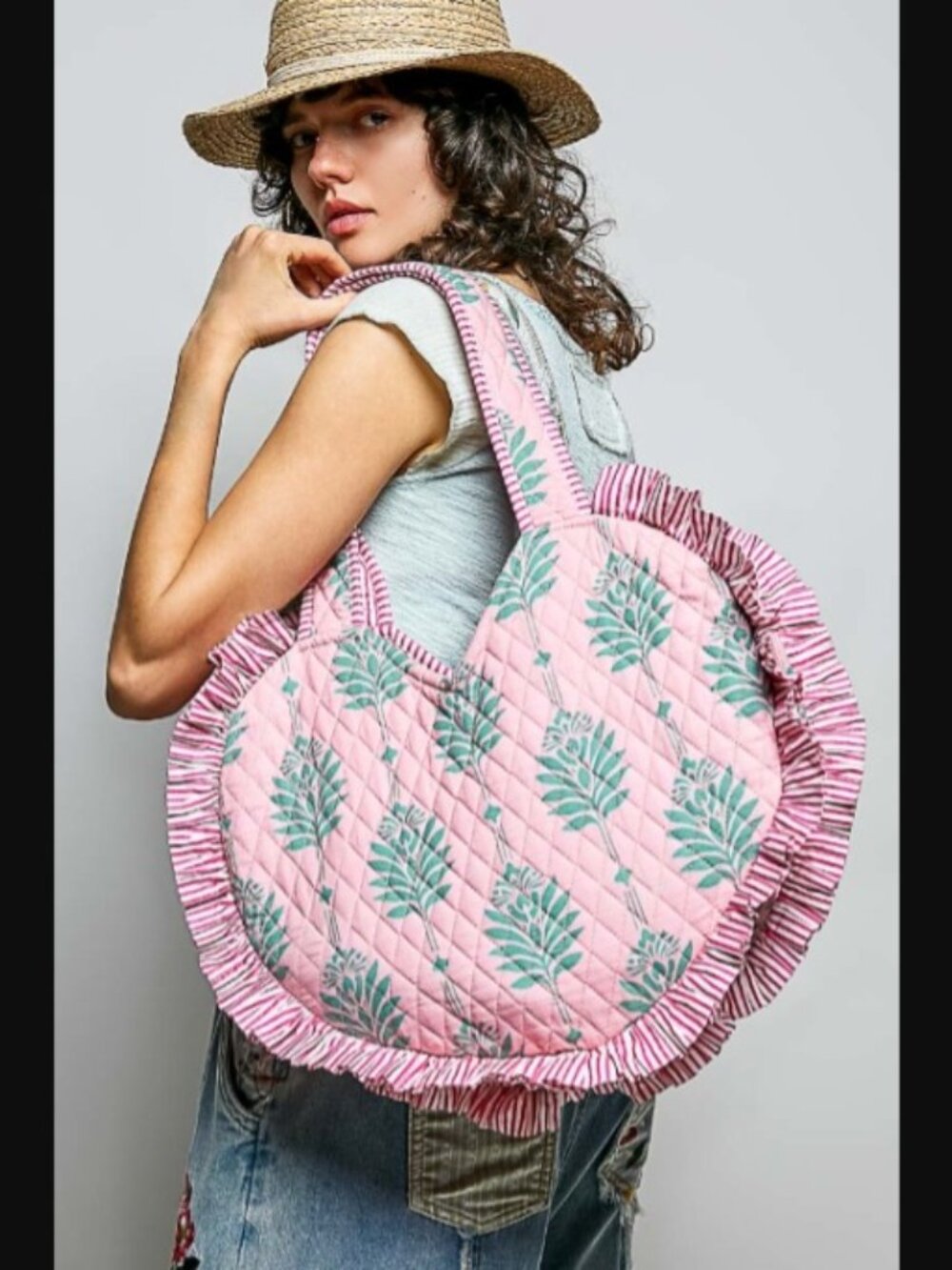 POL Pink Ruffle Trim Quilted Heart Shaped Tote Shoulder Bag NEW
